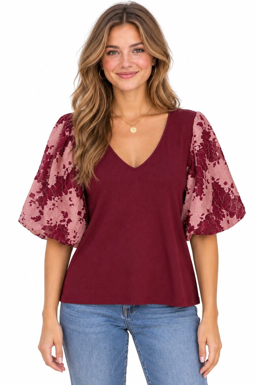 Dolan Left Coast Floral Puff Sleeve Top Womens XL Berry Ribbed Knit Boho Anthro